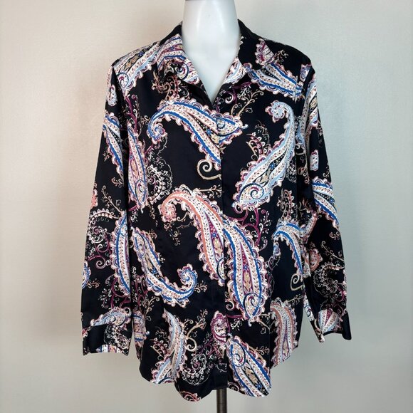 Chico's Shirt 3 Women's XL Black Paisley Button-Front Top Long Sleeves Cotton - Picture 1 of 11